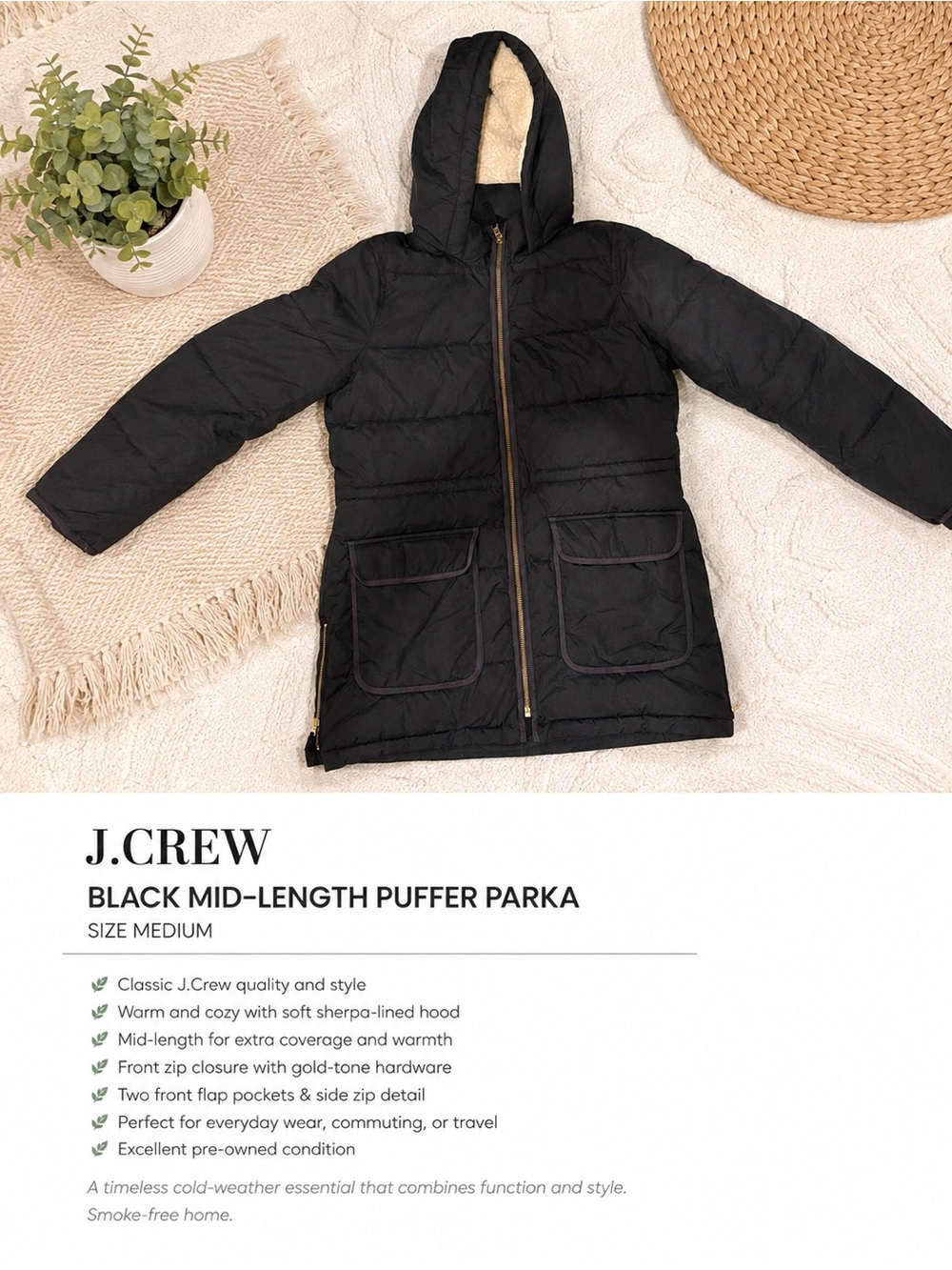 J. Crew Black Mid-Length Puffer Parka with Sherpa-Lined Hood